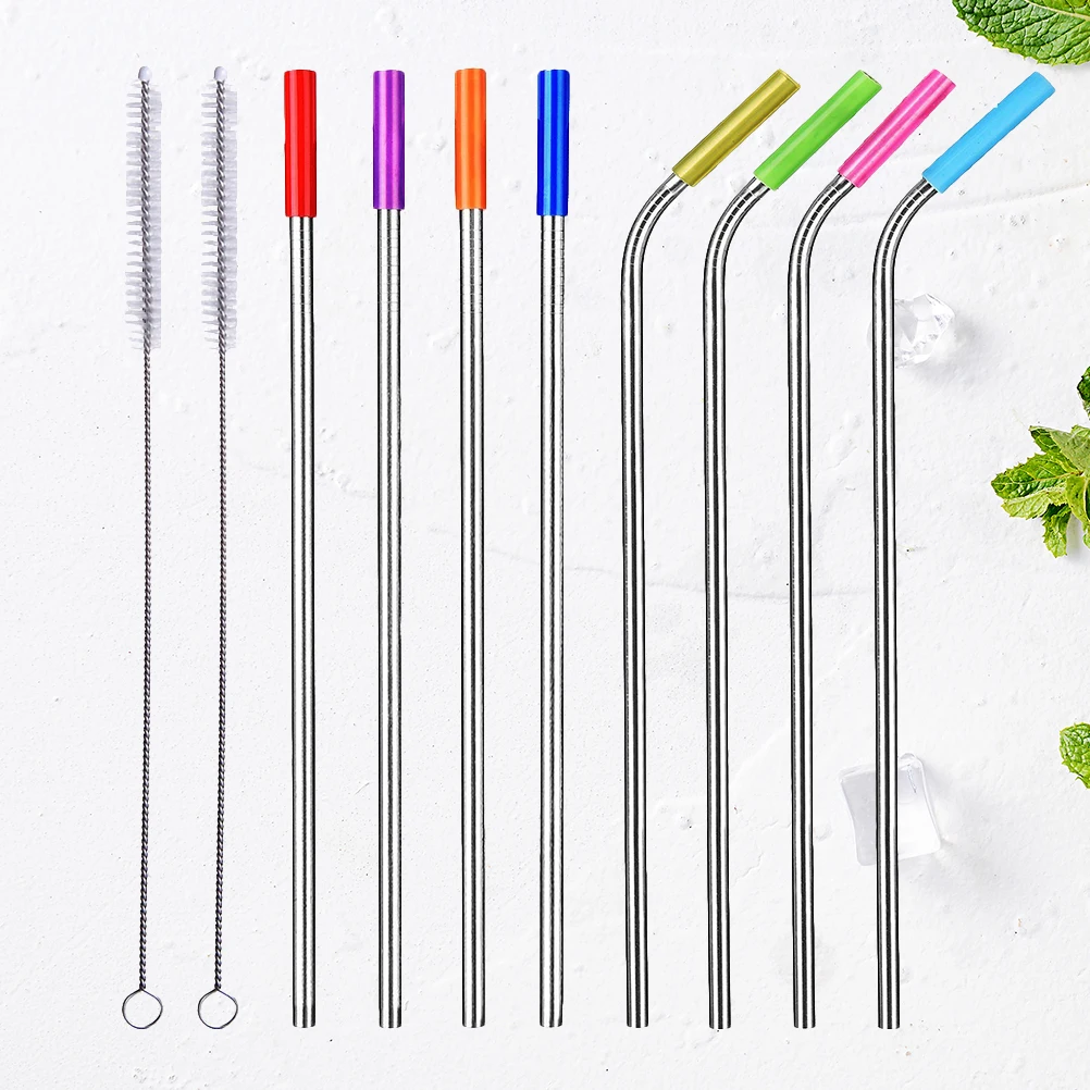 

8 Pcs Stainless Steel Straw Package Drinks Curved Straws Reusable with Cleaning Brush