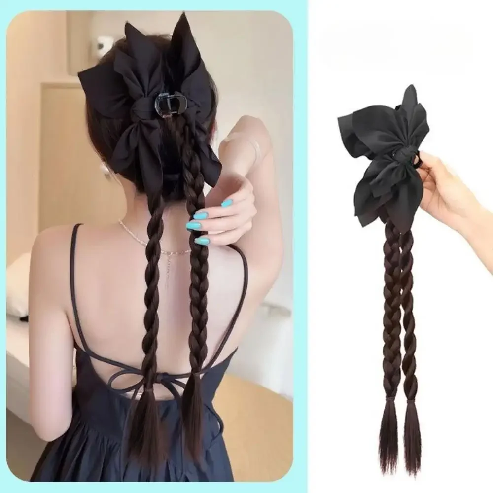 Women Black Bowknot Clip Twisted synthetic Braid Wig Natural Simulation Boxing Ponytail Hair Extension