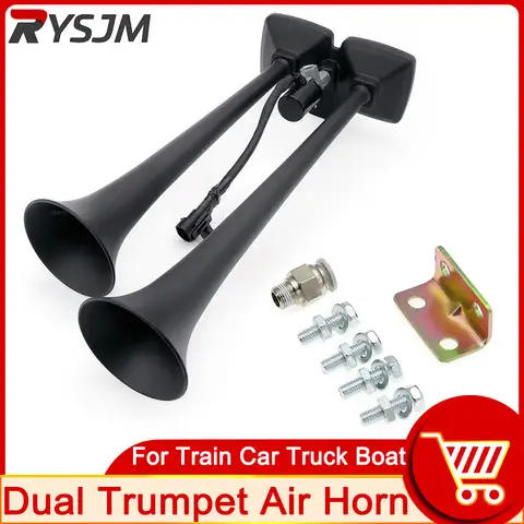 AD 12V 24V Super Loud Black Dual Trumpet Electronically Controlled Car Air Horn for Cars Trucks Motorcycles Supplies Vehicles