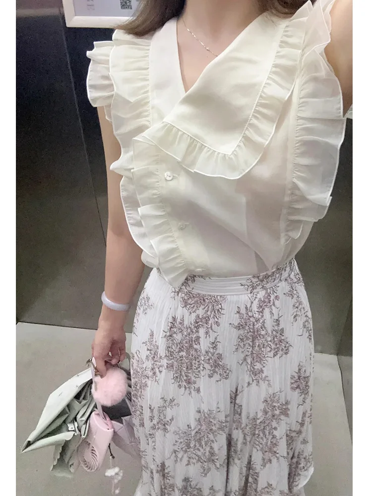 

Pure Color Wooden Collar Short Sleeveless Shirt Women's Sweet Style Breathable Polyester Fiber Casual Summer Top