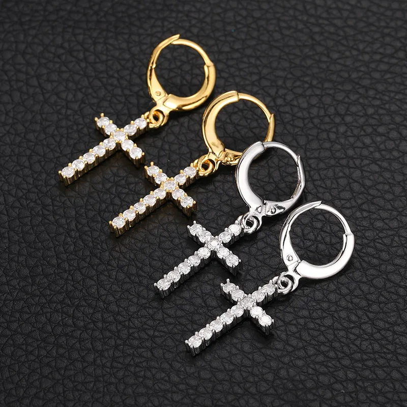 1Pair S925 Sterling Silver 5A+ Cubic Zirconia Paved Bling Ice Out Cross Stud Earrings for Women Men Unisex Rapper Jewelry