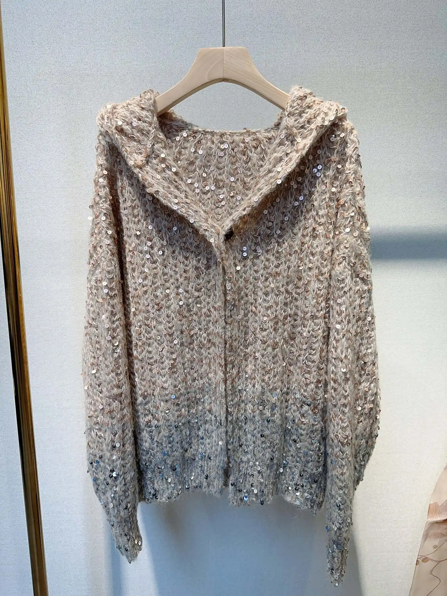 

Women's Sequin Cardigan Shiny Beaded Hooded Autumn and Winter New Style0112