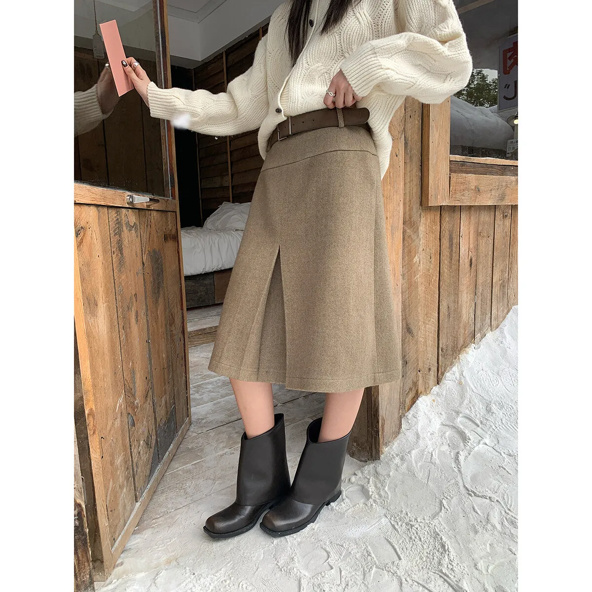 

Belted Woolen Midi Skirt For Women High Waist Slimming A-line Skirt