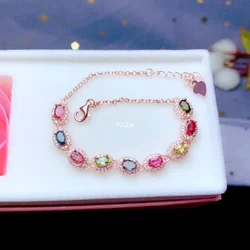 YULEM Natural Tourmaline Link Bracelet for Women Solid 925 Sterling Silver Multi Color Gemstone Fine Jewelry for Women
