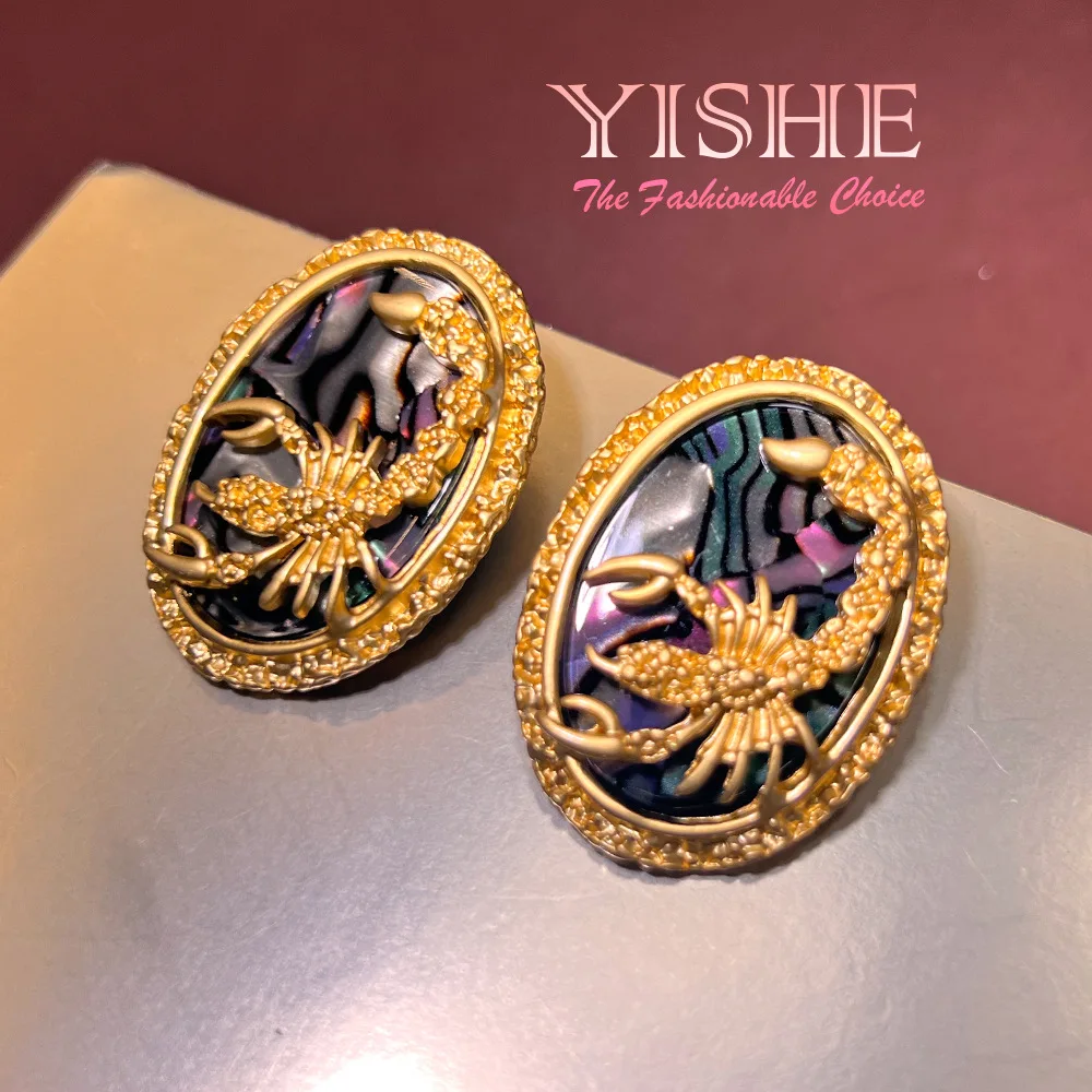 Western antique medieval stud earrings, colored shell relief scorpion plated real gold court style advanced sense vintage earrin