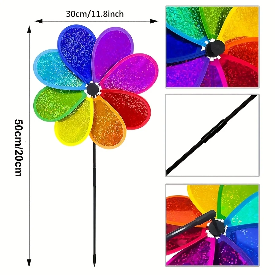 1pc Flower Wind Spinner Sparkly Lawn Pinwheel 29.97 cm Colorful Rainbow Garden Windmill for Garden, Party, Outdoor, Yard Decor