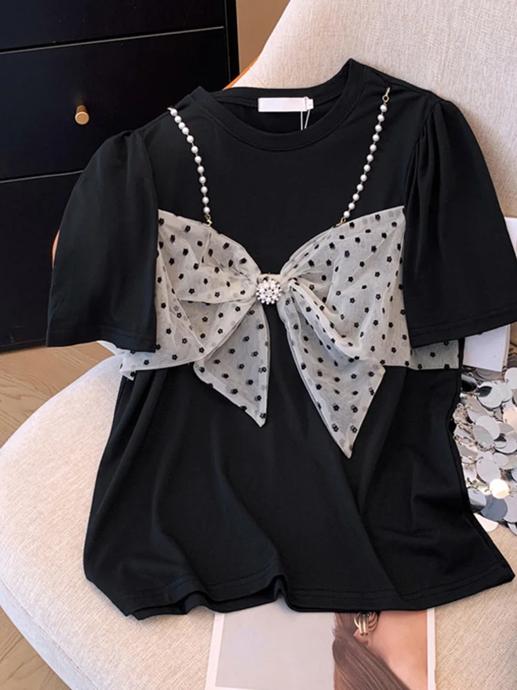 2024 Summer Vintage Casual Style Round Neck Puff Sleeve Patchwork T-shirts For Women Chiffon Loose Bow Decoration Tees Top