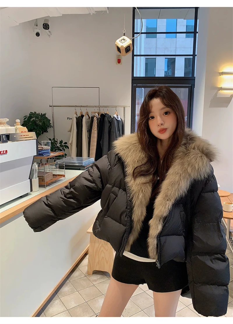 ZAROY Women's Winter Jacket Luxury Fox Fur Collar Puffy Thicken Warm Cotton Short Coat High Street Fashion Outwear Parkas куртка