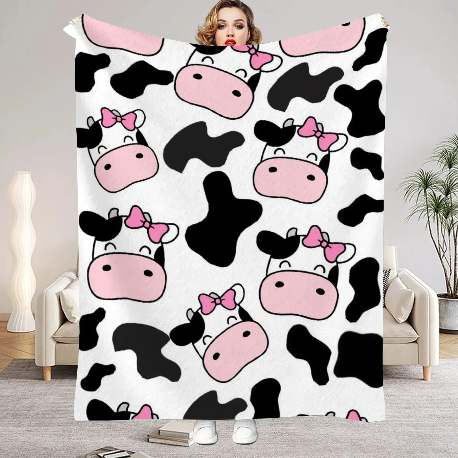 1Pc Digital Printed Moo Cow Bow Milk Style Flannel Blanket Mattress Cover Blanket For Family Beds Sofas Offices Outdoor Camping