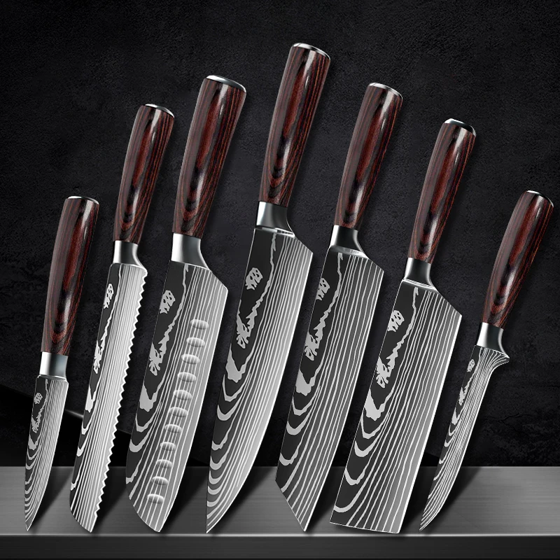 1-10PCS Chef Knife Sharp Stainless Steel Utility Knives Damascus Style Kitchen Tools Fish Meat Fruit Vegetable Slicing Cleaver