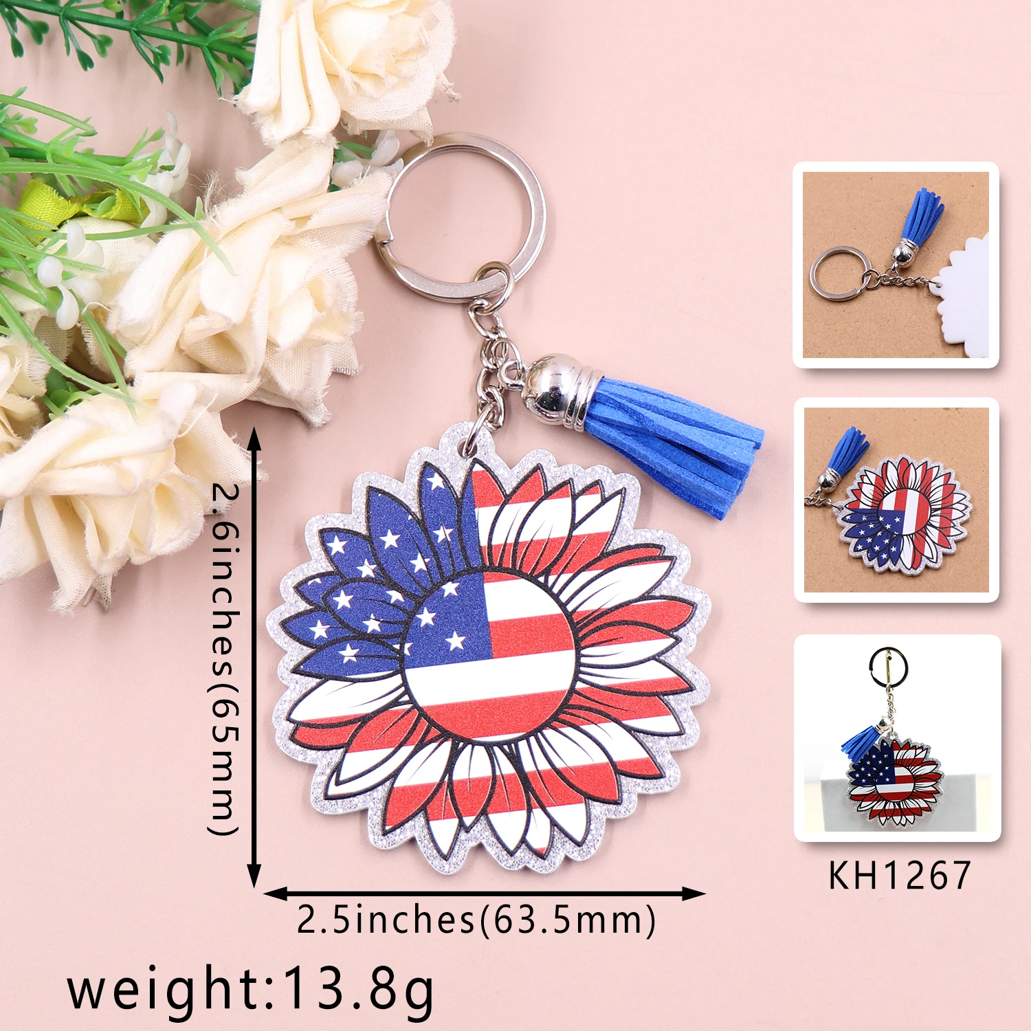 1piece New product CN 4th of July Independence Day sunflower American Flag TRENDY glitter Acrylic Keychain