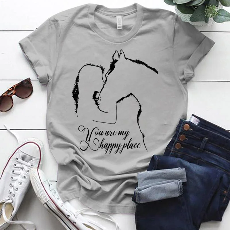 T-shirt manches courtes col rond femme, estival et humoristique, imprimé cheval et fille, You Are My Happy Place