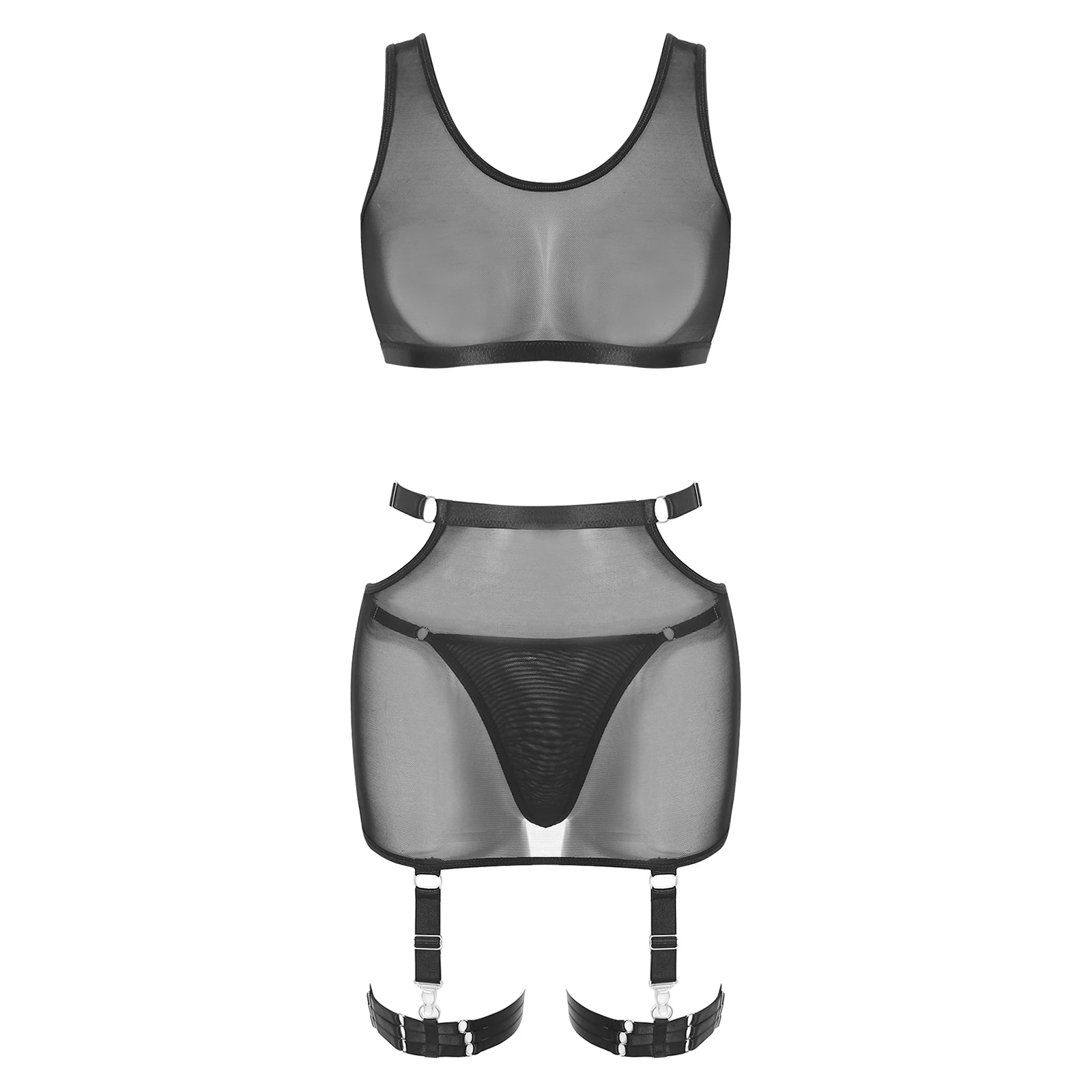 

4-piece Womens Sexy Lingerie Nightwear Set See Through Crop Tank Top Open Butt Miniskirt And T-back Thong Thigh Bands Set