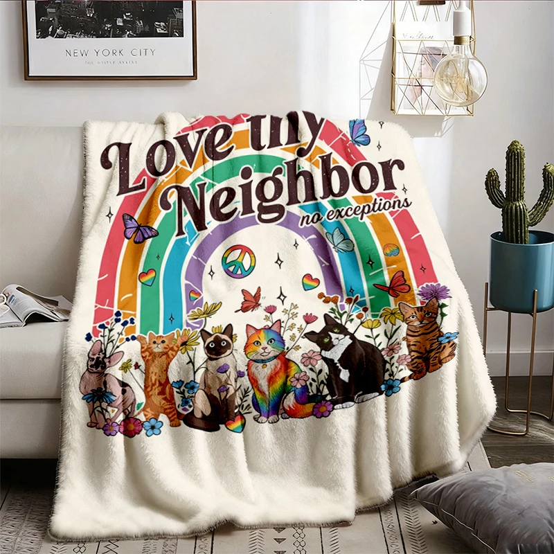 Love Thy Neighbor  Flannel Blanket, Pride Month Ally LGBT Flannel Throw, Pride Cats Cozy Blanket, Social