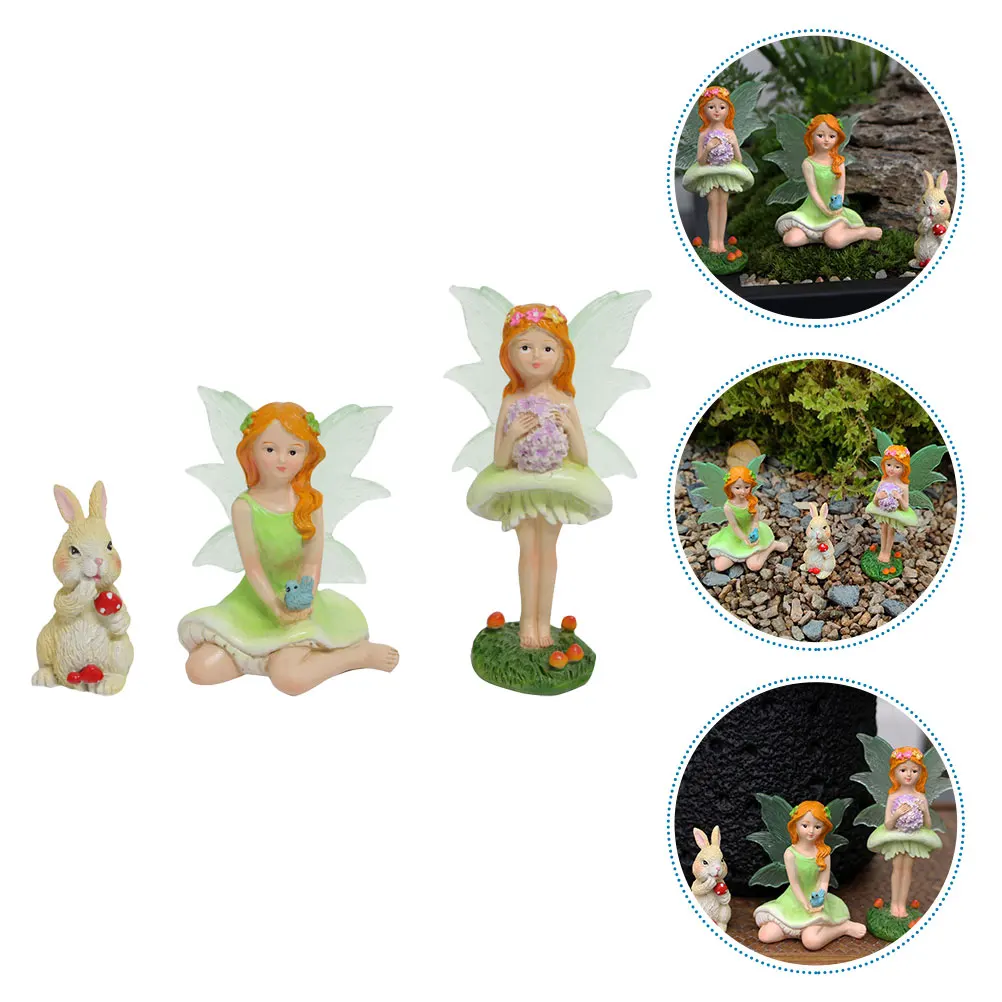 

1 Set Flower Fairy Resin Ornament Glowing Fairy Miniature Decor Elf Rabbit Set Bunny Statue Garden Bunny Resin Elf Decoration