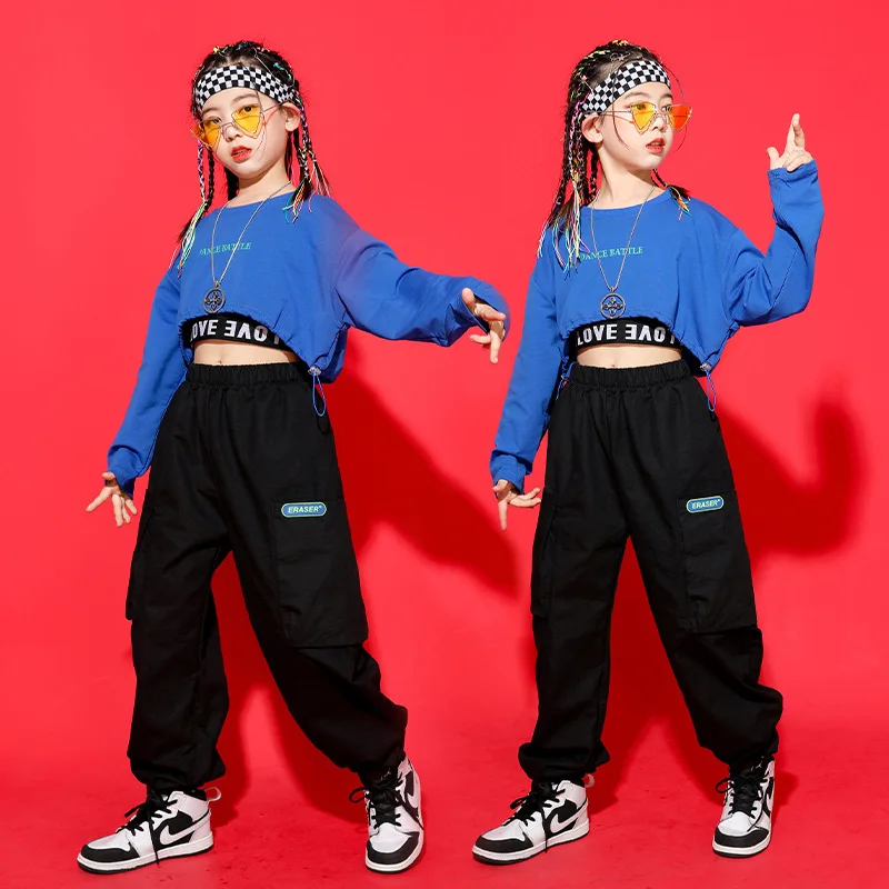 Kid Kpop Hip Hop Clothing Blue Crop Top Long Sleeve T Shirt Streetwear Cargo Jogger Pants for Girl Jazz Dance Costume Clothes