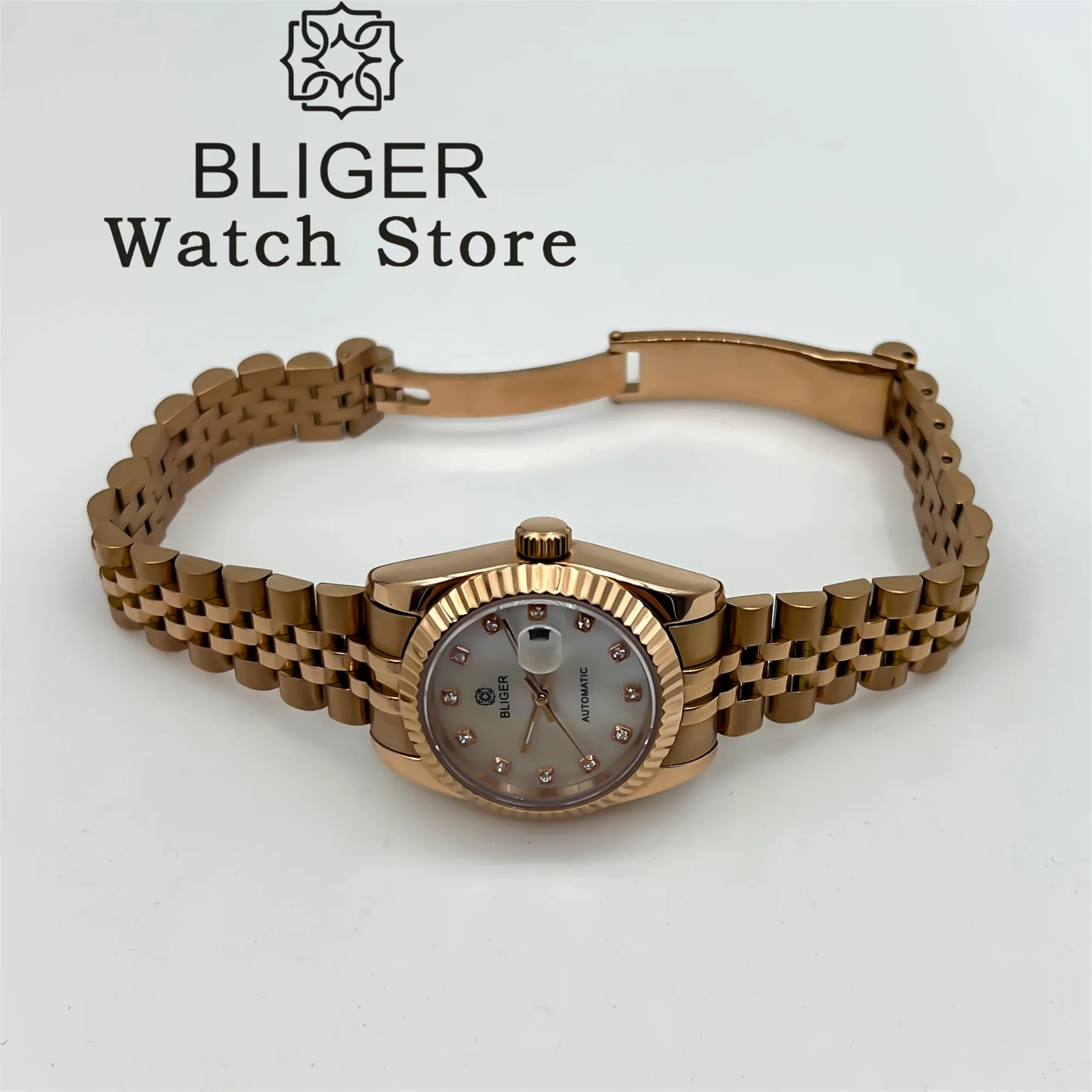 BLIGER 31 مللي متر ارتفع الذهب سيدة ساعة أوتوماتيكية NH05 حركة تاريخ شل الهاتفي منحني مخدد الحافة الياقوت الزجاج مقاوم للماء الساعات