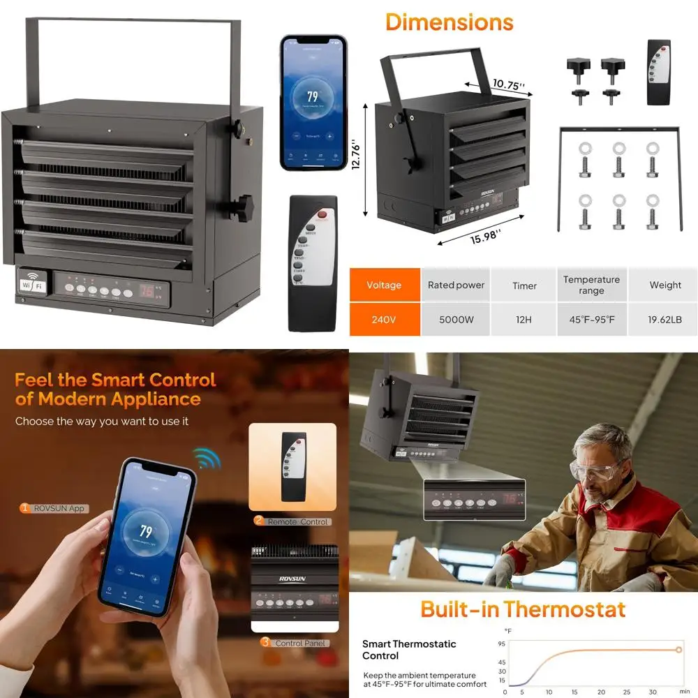 

Электрический гаражный обогреватель Bonnlo мощностью 5000 Вт с дистанционным управлением и интеллектуальным Wi-Fi, цифровым потолочным обогревателем с термостатом, 12-часовым таймером и