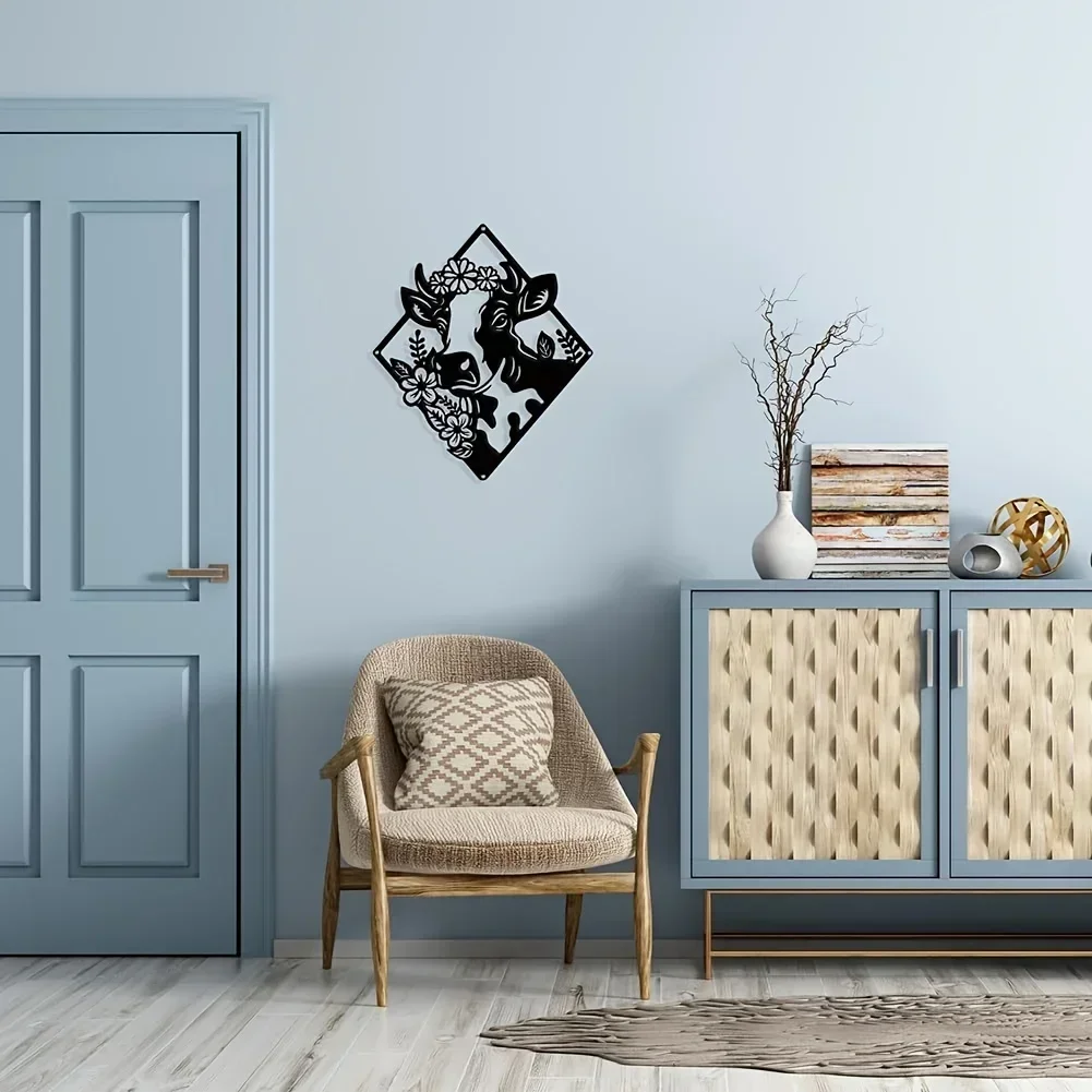

metal iron Cow Flower Metal Home Art Decor, Matte Black Wall Hanging Decor Silhouette Wall Art for Home Bedroom Living Room Wall