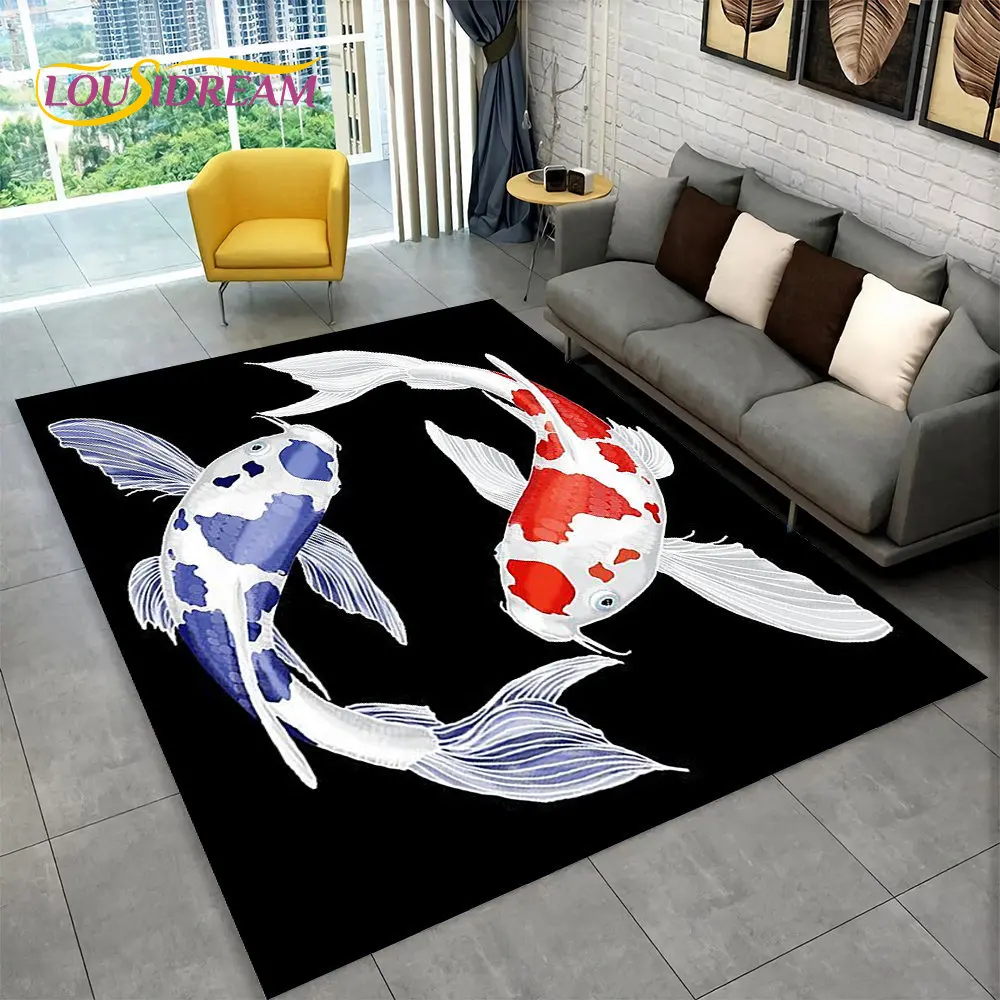 3D Pastoral Tai Chi Fish carp Area Rug,Carpet Rug for Living Room Bedroom Sofa Doormat Decor,Kid Play Kitchen Non-slip Floor Mat