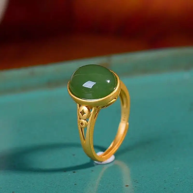Traditional Silver Inlaid Hetian Jade , Women'S Jadeite Cabochon Ring, Adjustable Size
