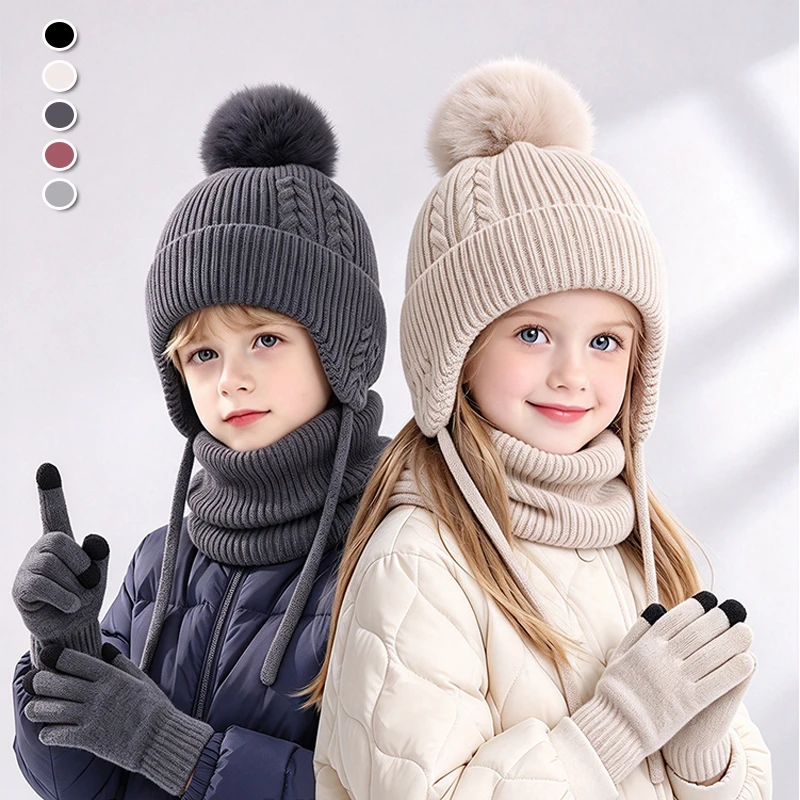 1/3Pcs Kids Winter Knitted Hat Scarf Gloves Set Pom Pom Earflap Beanie Hat Warmer Touch Screen Gloves Outdoor for Boys Girls