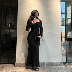 Customized black Square Collar Lace Simple Mermaid Evening Dress Full Sleeves Ruched Ankle Length Party Prom Gown For Women