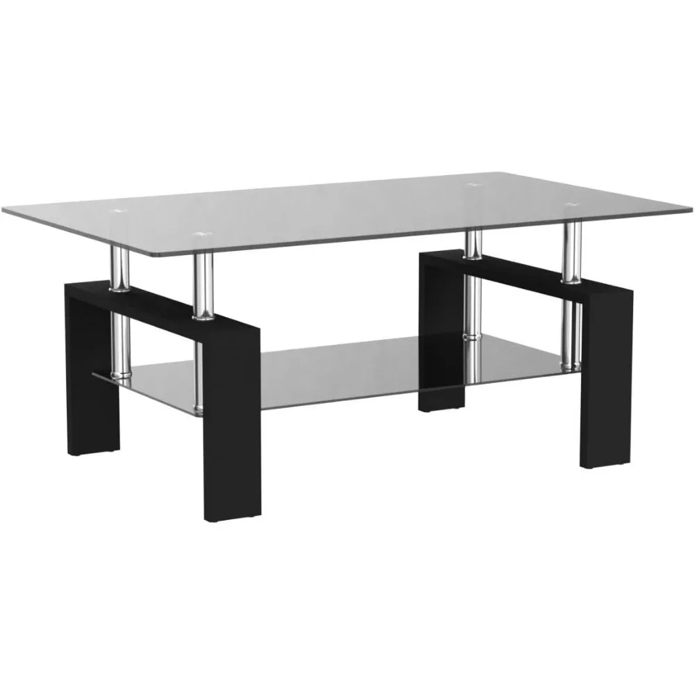 Black Modern Rectangular Glass Coffee Table, Glass Coffee Table with Wooden Legs and Storage Rack