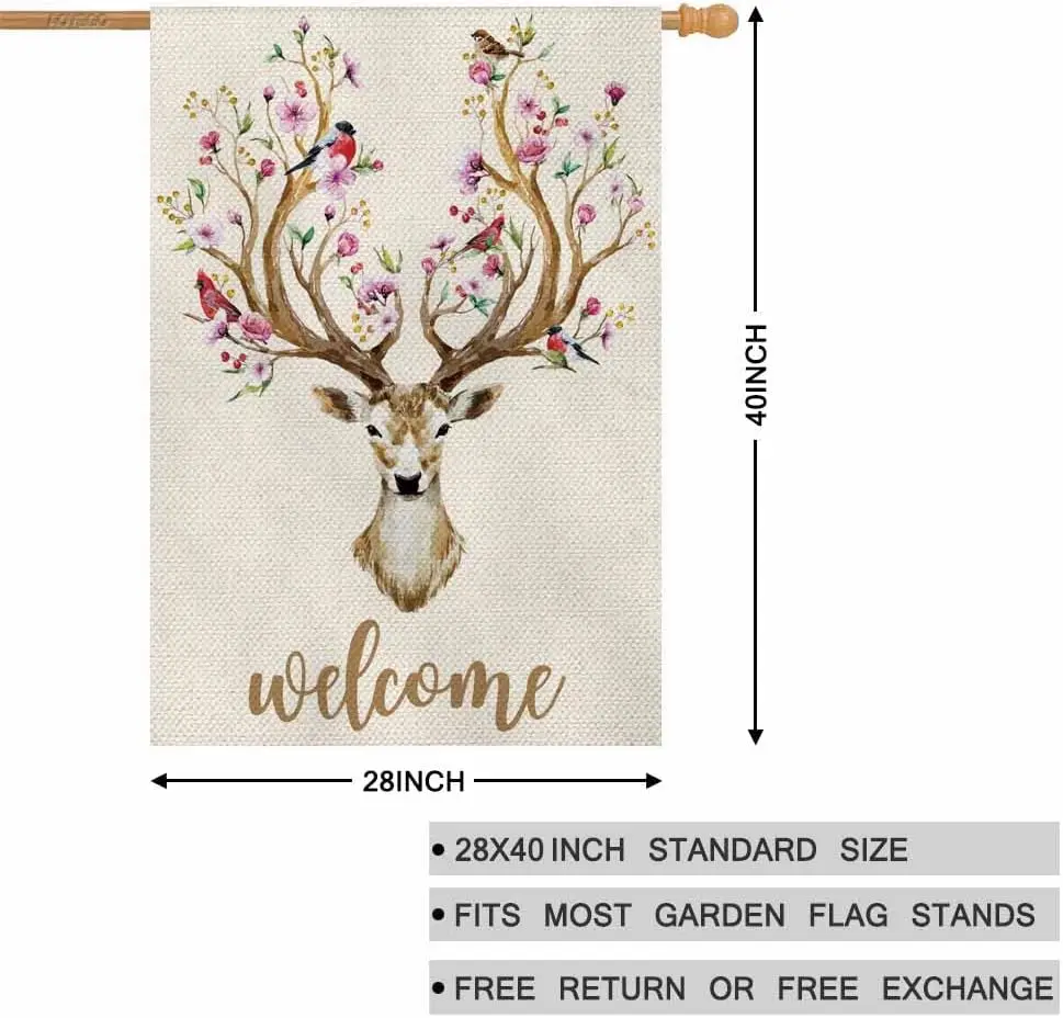 AOYEGO Deer Welcome House Flags 28 x 40 Double Sided Burlap Watercolor Deer Big Antlers Flowers and Birds on the Horns Yard Flag