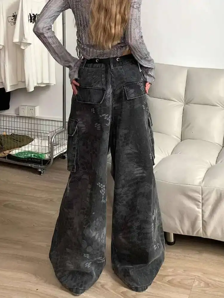 Women Jeans American Retro High Street Casual Overalls Camouflage Loose Wide Leg Pants For Women Y2k Hip-hop Cargo Trousers