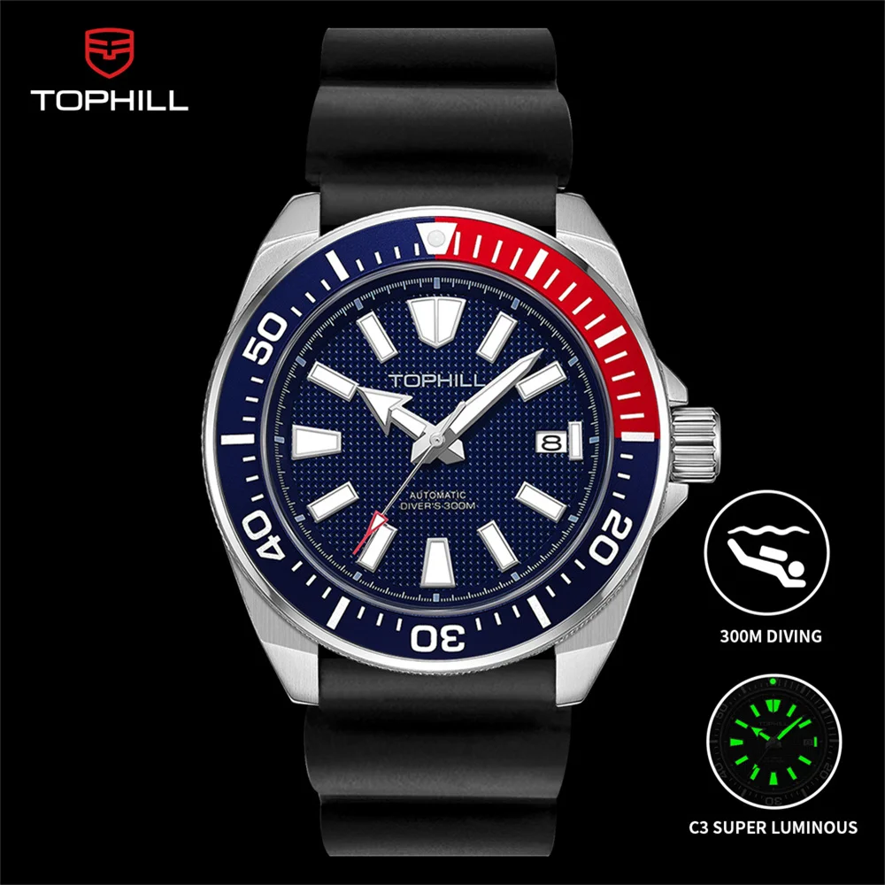 TOPHILL 40mm Automatische Mechanische Uhren Herren Taucheruhr NH35 Wasserdicht 30Bar Saphir Super Leuchtende Armbanduhren TD008G