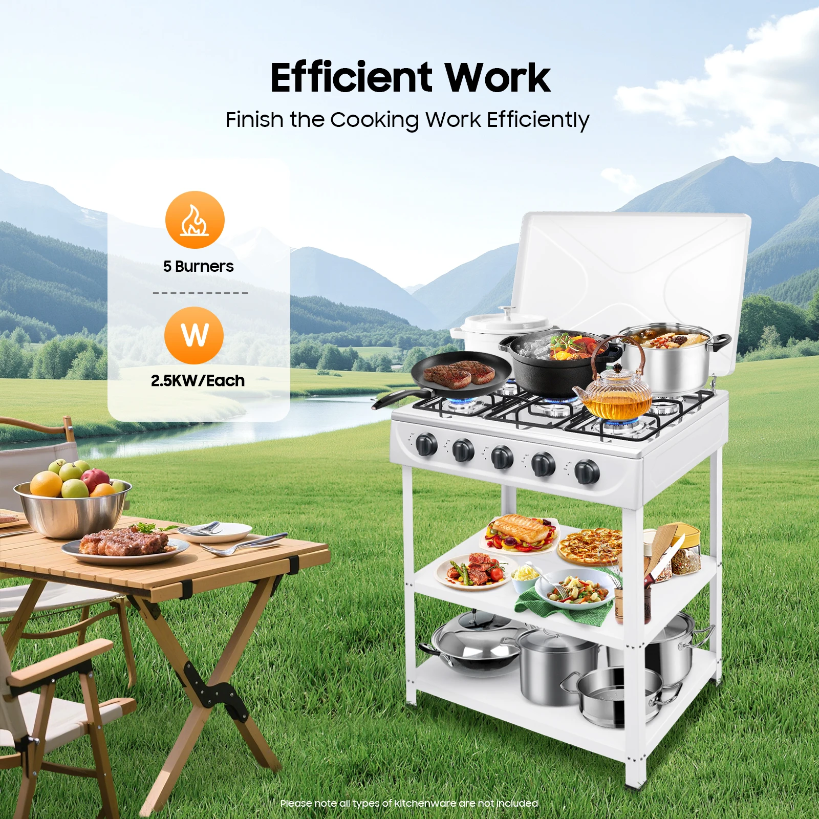 

Portable Natural Gas Stove Natural Gas Cooker with 5 Burners Camping Propane Gas Range with Support Leg Stand for RV, Apartment