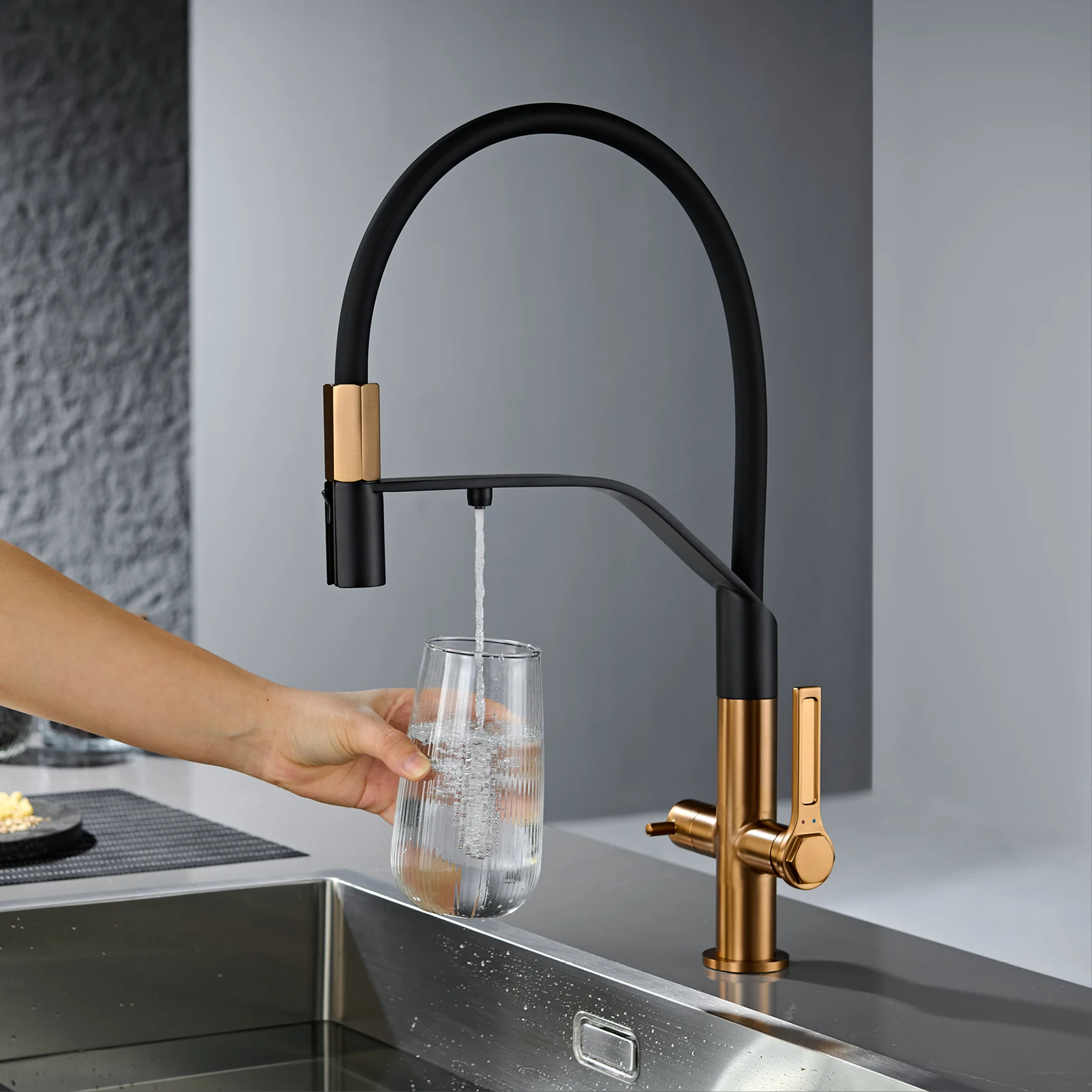 Modern Gun-Grey Stainless Steel 3-In-1 Kitchen Faucet With Filtered 1 Hole Double-Handle Mixer For Cold&Hot Water Sink Tap