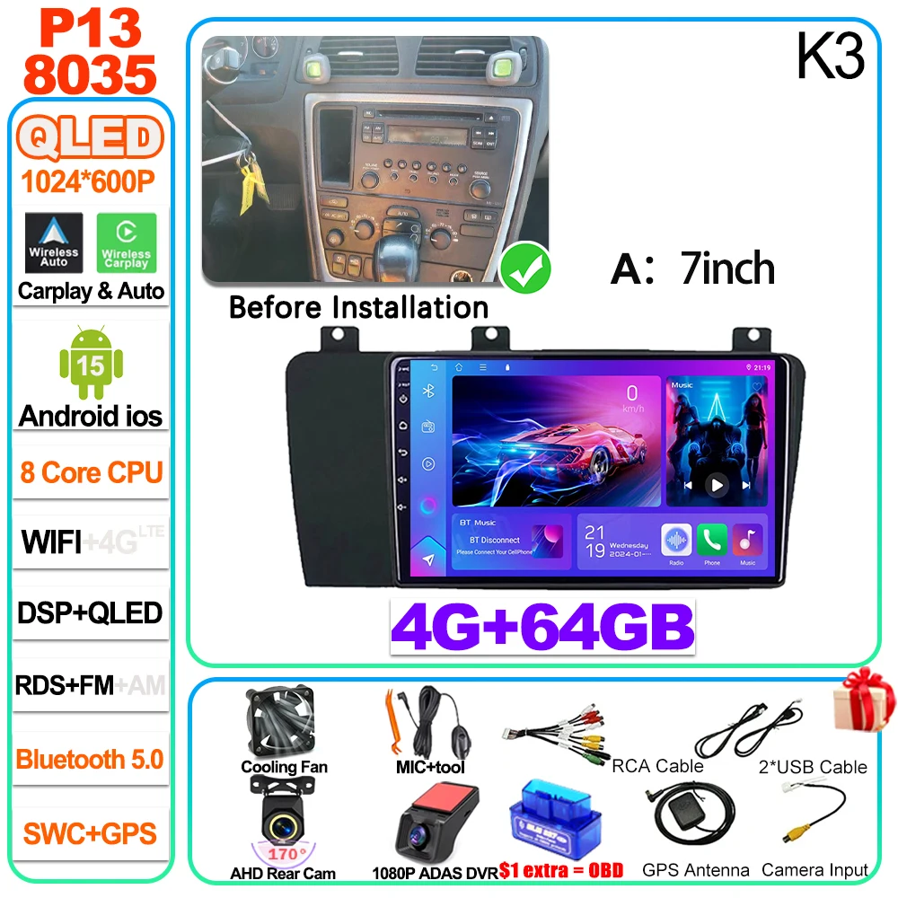 Android 16 voor Volvo XC70 V70 S60 2004 2005 2006 2007 2008 2009 autoradio head unit Carplay Auto multimediaspeler touchscreen