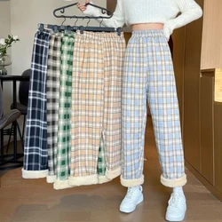 MEXZT Fashion Warm Plush Pants Thick Plaid Women Winter Casual Loose Wide Leg Trousers Korean Streetwear Straight Student New