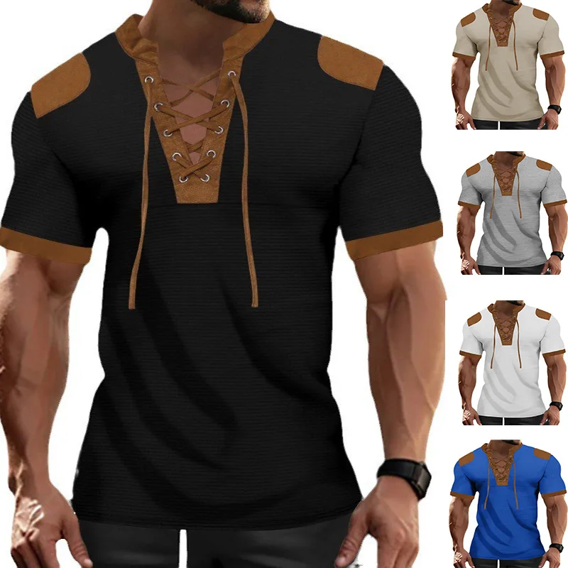 Short Sleeved Men's T-shirt with Tie Up Stand Up Collar Henley Shirt, Men's T-shirt, Color Blocking Casual Top, Men's