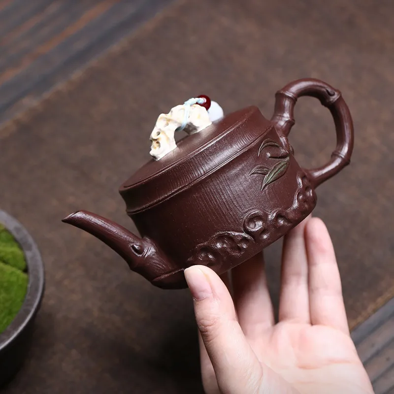 

Chinese Tradition Yixing Purple Clay Teapot Hand-carved Bamboo Stone Tea Pot Handmade Beauty Kettle Zisha Tea Set Teaware 230ml
