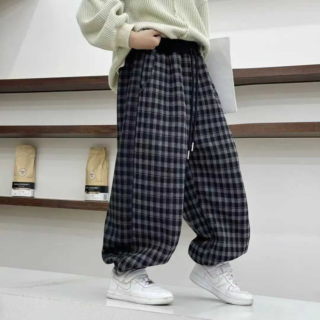 1pcs Children's Plush Warm Sports Casual Pants Autumn Winter Boys And Girls Grid Black Fashion Thick Windproof Harun Trousers
