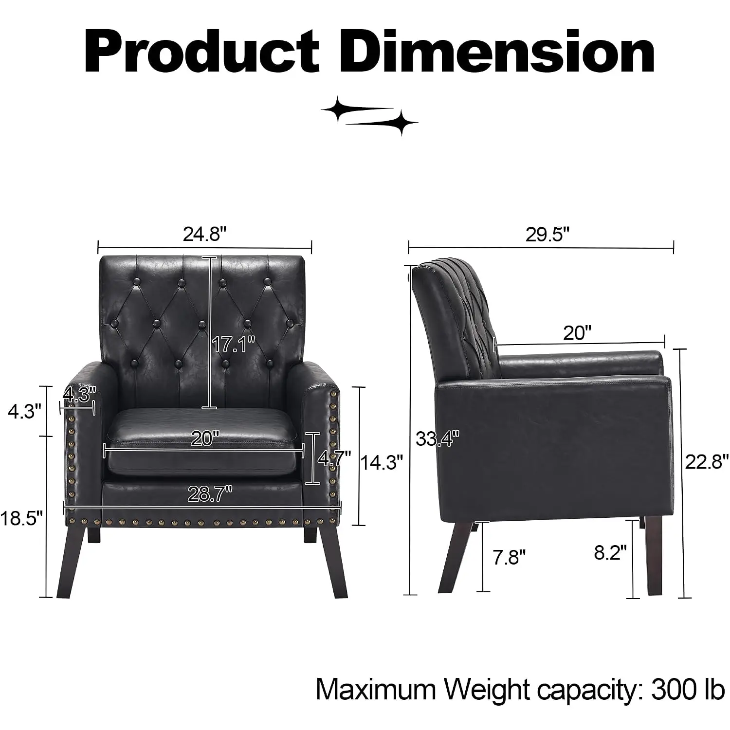 Mid Century Modern Tufted Accent Chair, Black Faux Leather Reception Club Chair for Living Room Bedroom Waiting Room, Customized