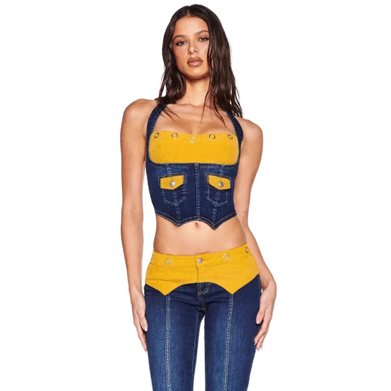 

Corduroy Patchwork Splice Denim Halter Neck Corset Jeans Set Fashionable Personality Spring Summer Sweet Spicy Style Comfort Set