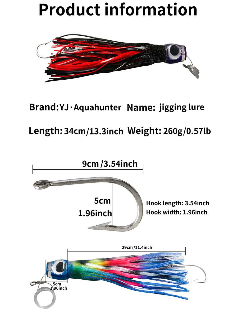 1pc Trolling Skirt Tuna Lures 34cm 260g/13.4inch 9oz Deep Sea Boat Fishing Hook Saltwater Lures for Mahi Marlin Wahoo Billfish