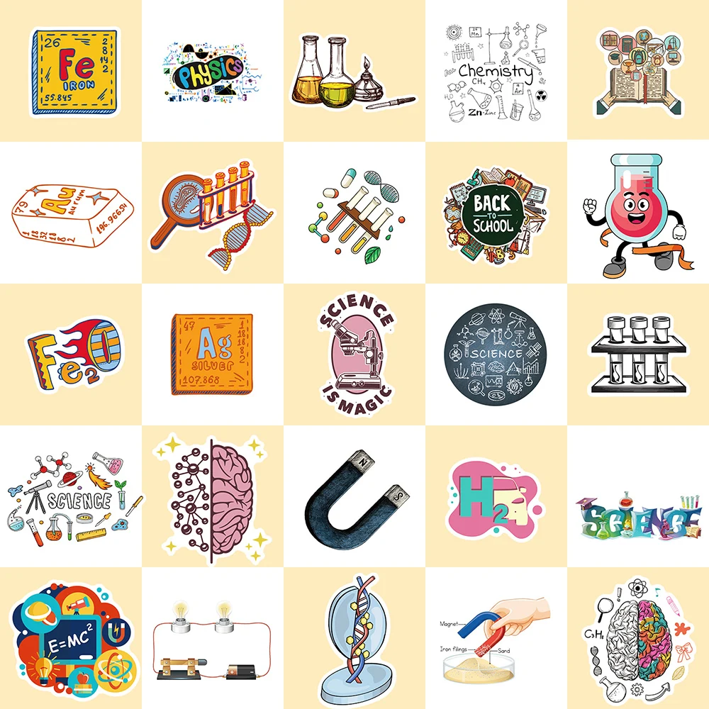Ciência experimento desenhos animados adesivos, 10/30/50/100pcs, ciência, química, para notebook, telefone, laptop, guitarra, carro, decoração,