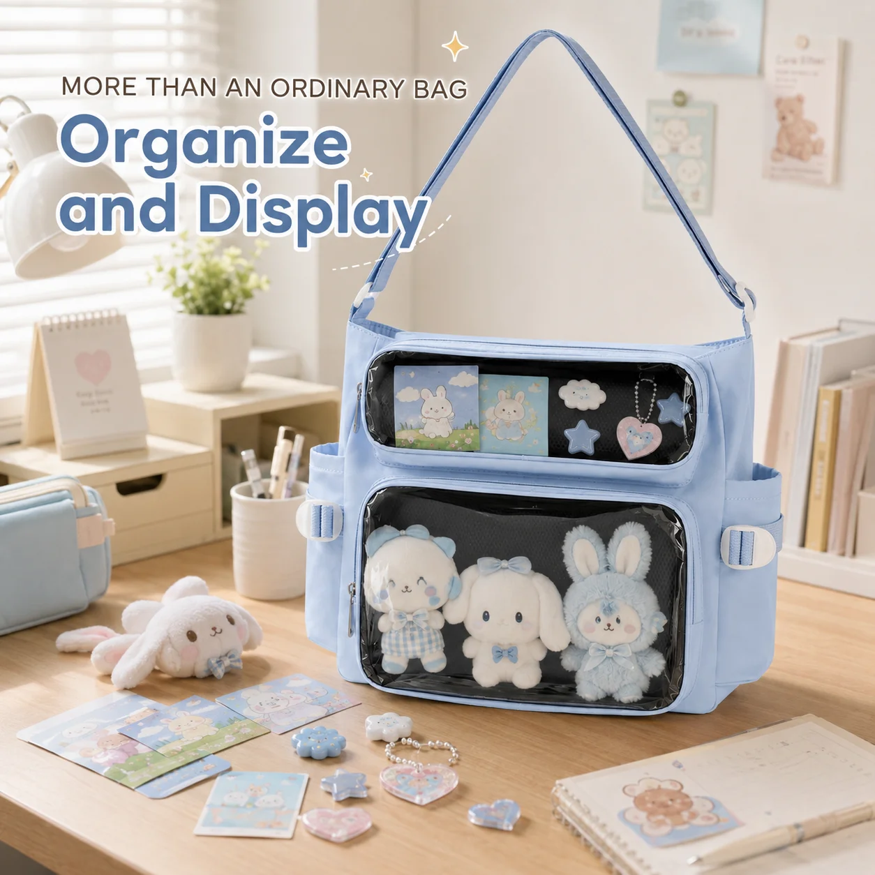 Pastel Kawaii Ita Bag Dual Clear Window Cute Plush Pin Display Shoulder Bag for School Travel Daily Use