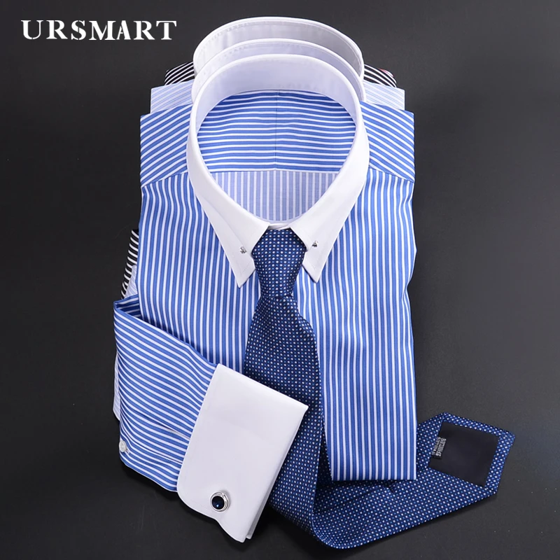 High quality men\'s shirt empire collar long sleeve French shirt slim-fit business trend  striped shirt