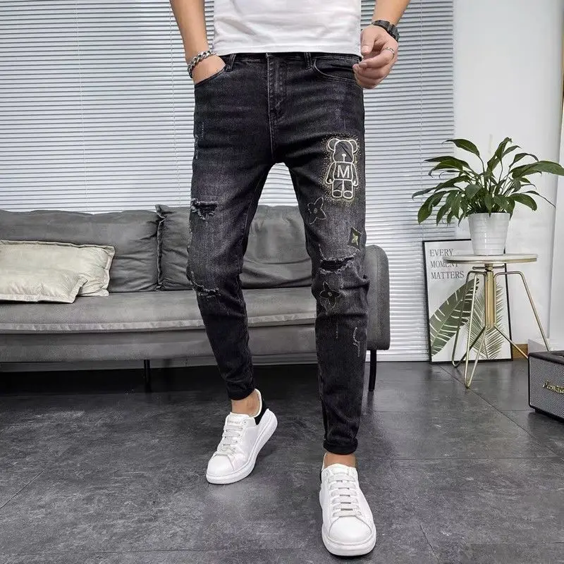 Spring and Autumn Luxury Rhinestone Korean Style Men's Classic Black Jeans with Distressed Holes Elastic Skinny Fit Pants Male