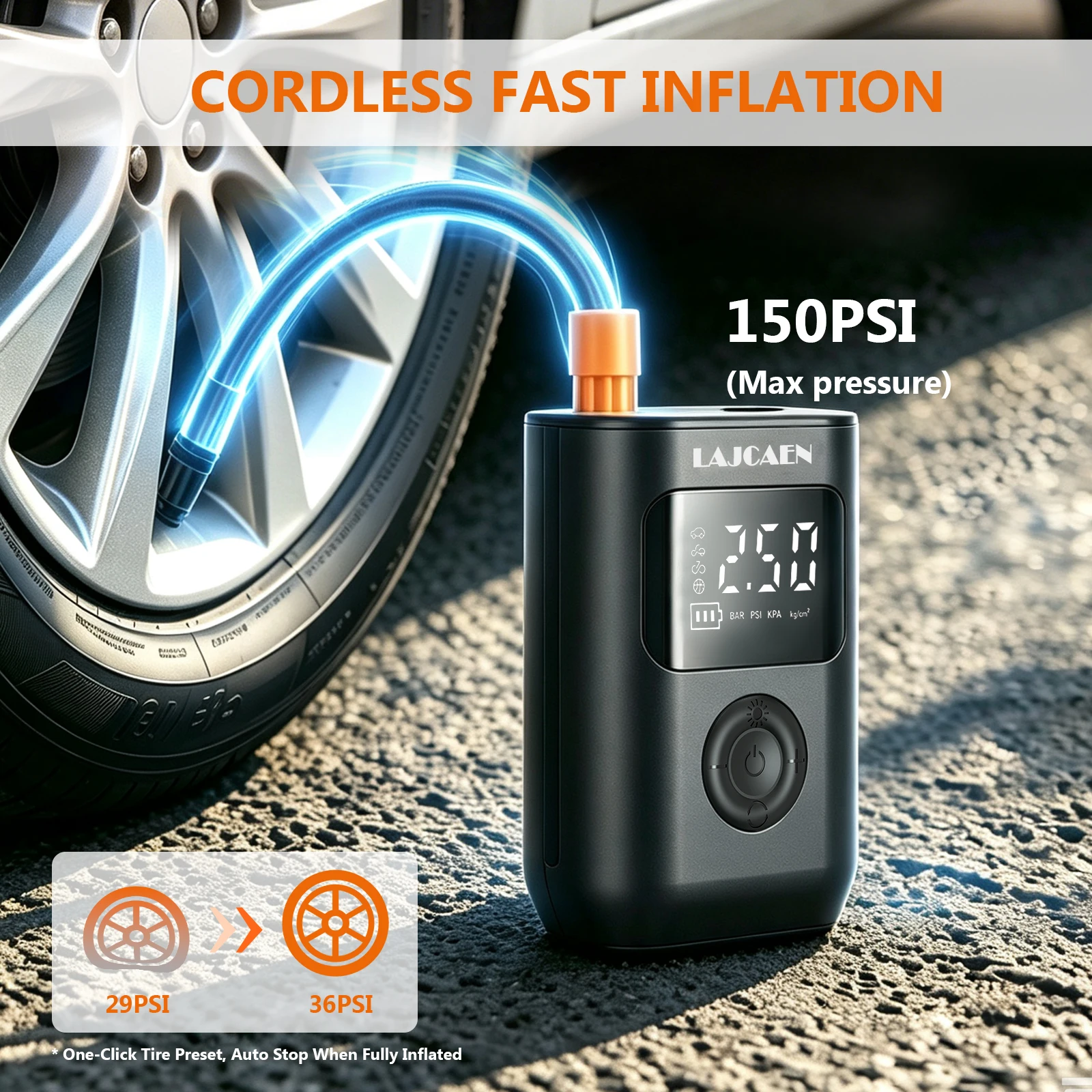 150 PSI Portable Cordless Air Compressor Tire Inflator- with Digital Pressure Gauge,  LED Light,  for Car, Motorcycle,Balls