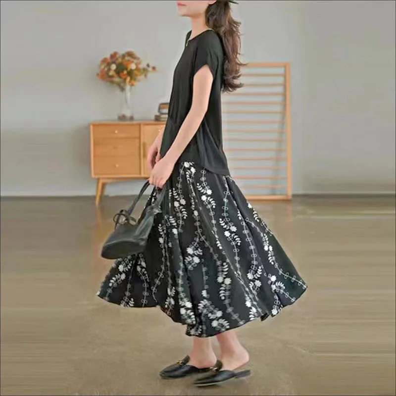 Lucyever Vintage Printed Long Skirt Women Summer Elastic High Wiast Mid-Calf Skirts Female Casual All-Match A-Line Pleated Skirt