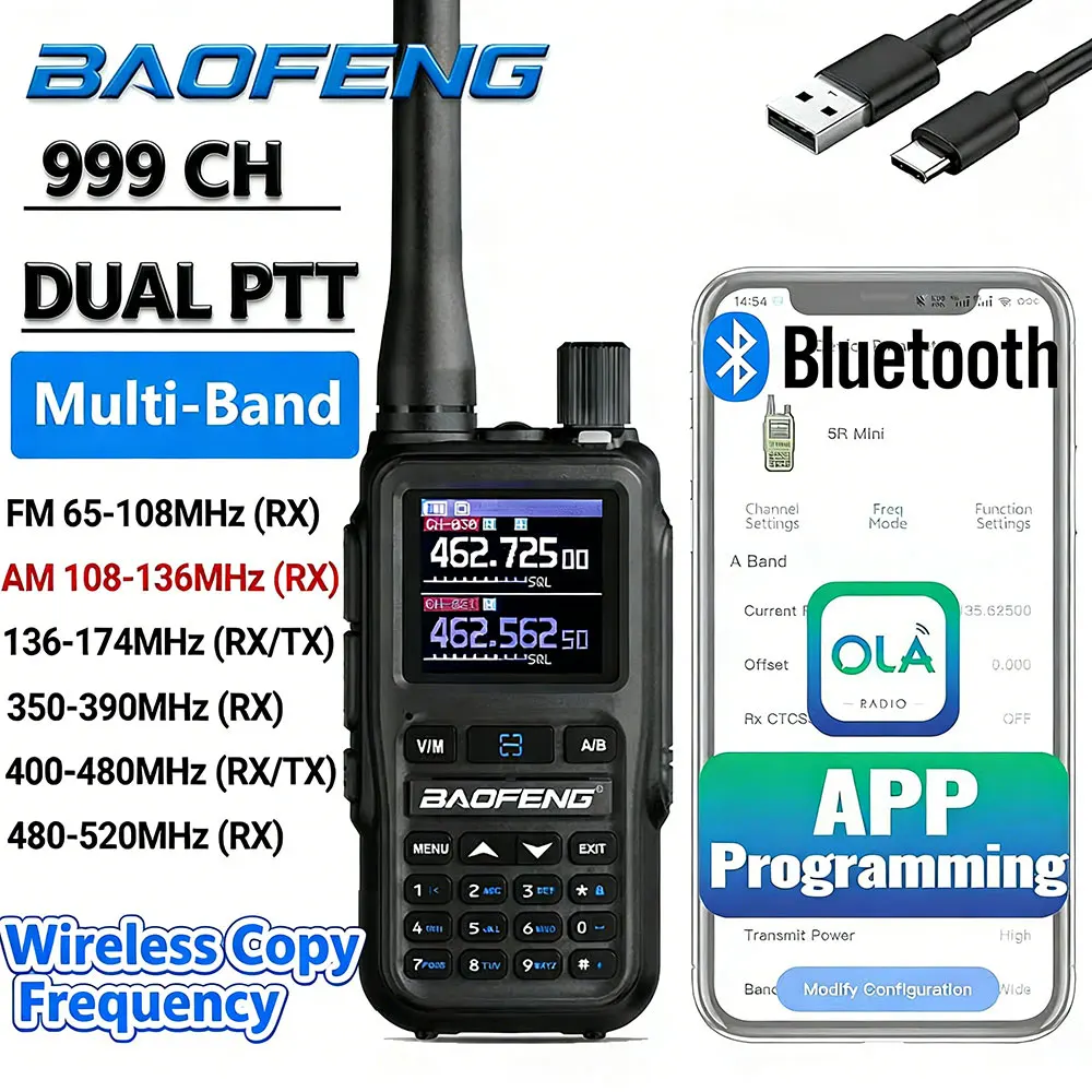 

Рация BAOFENG UV-5R Mini с Bluetooth, программированием частот, двойным PTT, зарядкой Type-C, AM/FM, большой дальностью действия, двусторонняя связь