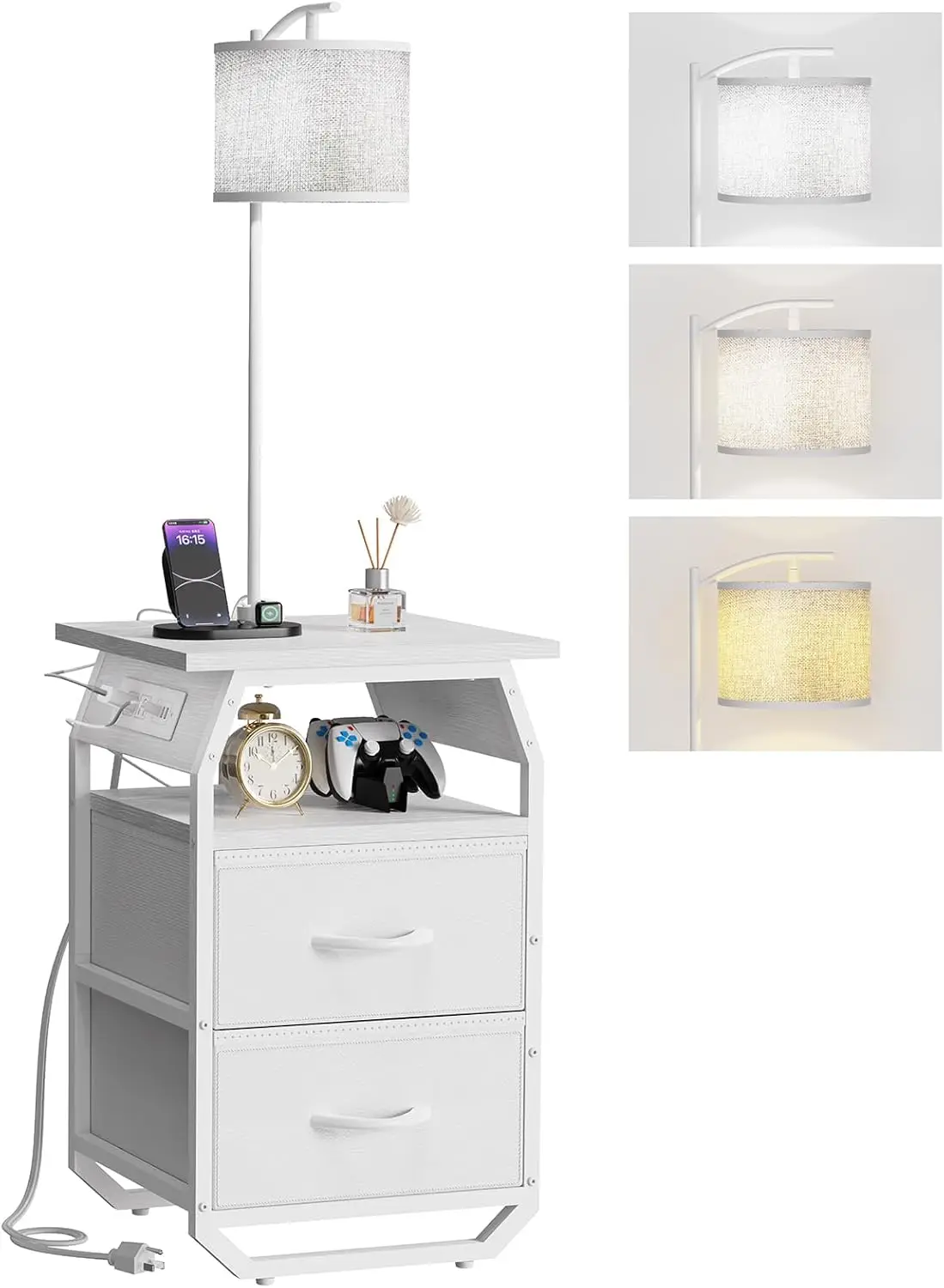 

Floor Lamp with Table, End Tables with Lamps Attached 3-Color Bulb, Side Table with Lamp 2 Drawers & Charging, Lamps Tables Combo for Bedroom