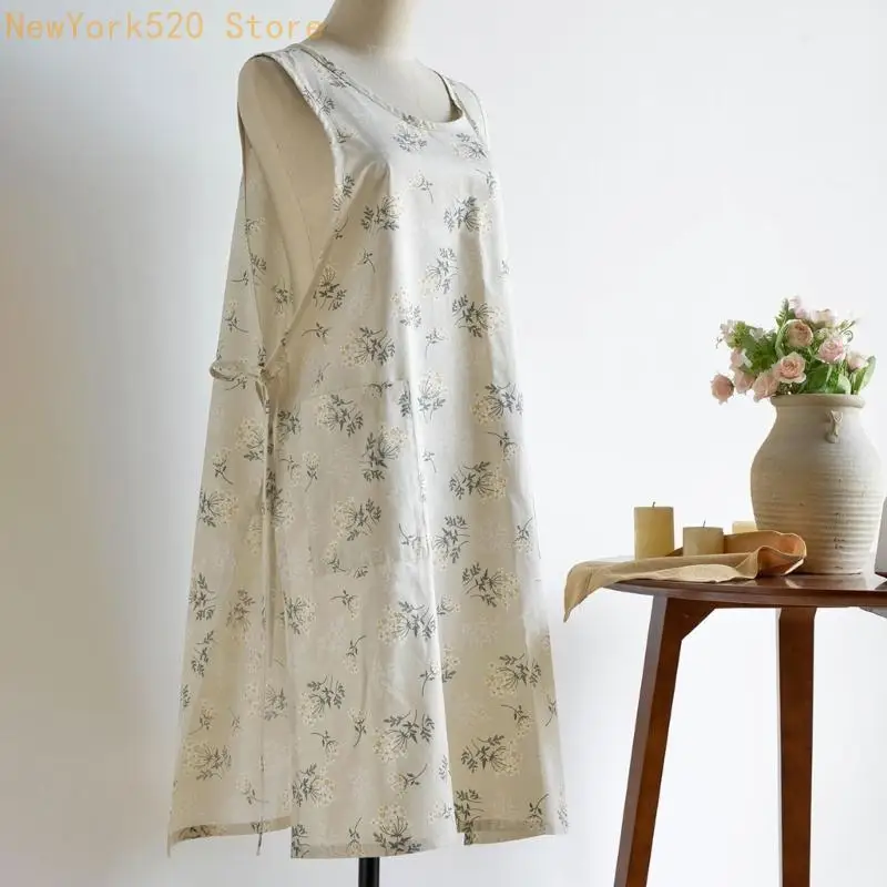 Split Front Apron With Double Pockets Floral Cotton Linen Kitchen Gardening Wear N84C